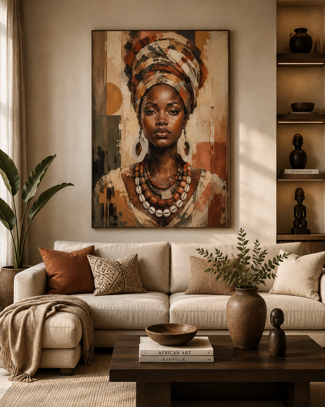 Retrato de Mujer Africana con Turbante y Collar de Cauris en Lienzo | Arte Étnico Contemporáneo