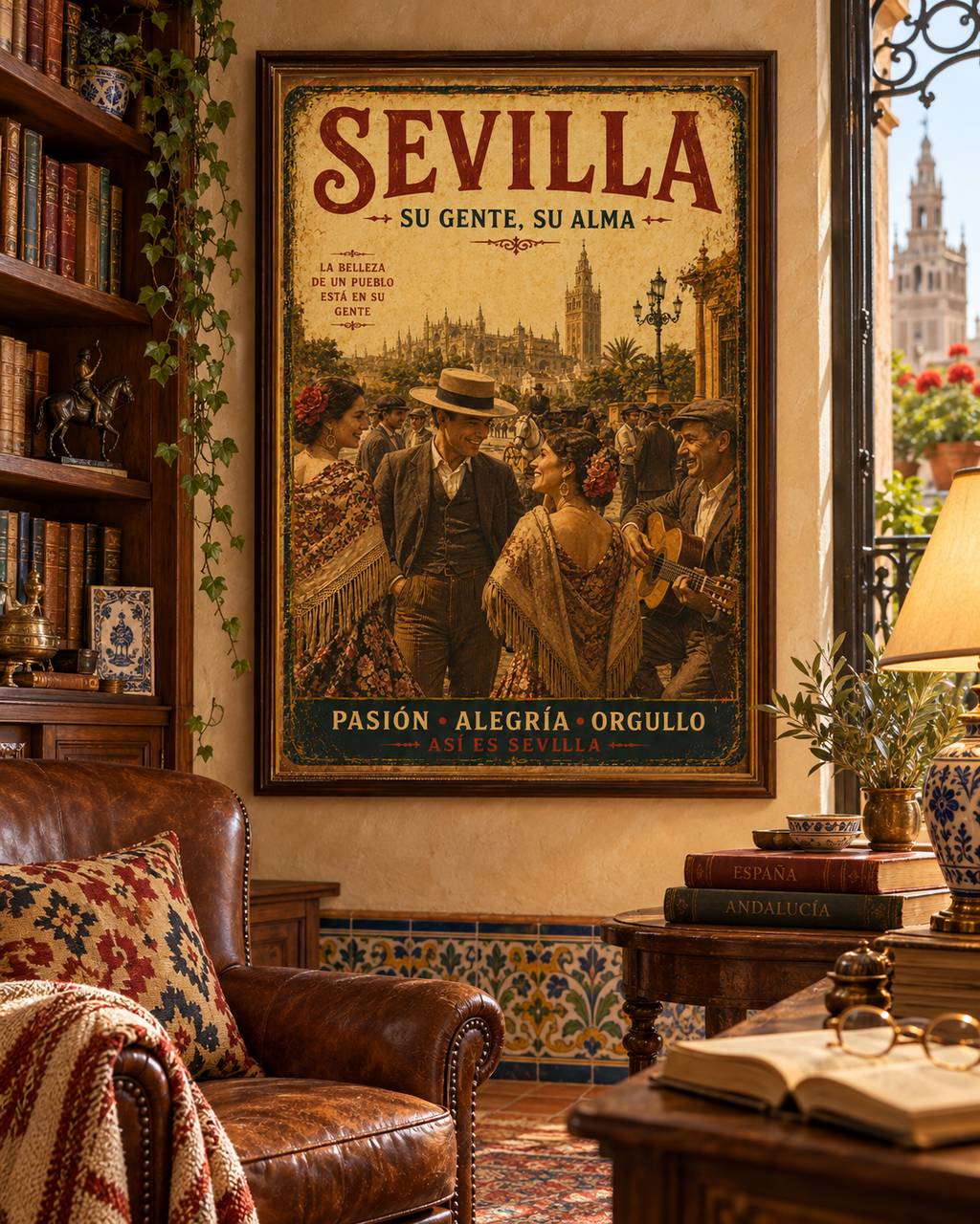 Cuadro cartel vintage de Sevilla en tonos dorados ambientado en interior andaluz, solo lienzo impreso sin bastidor