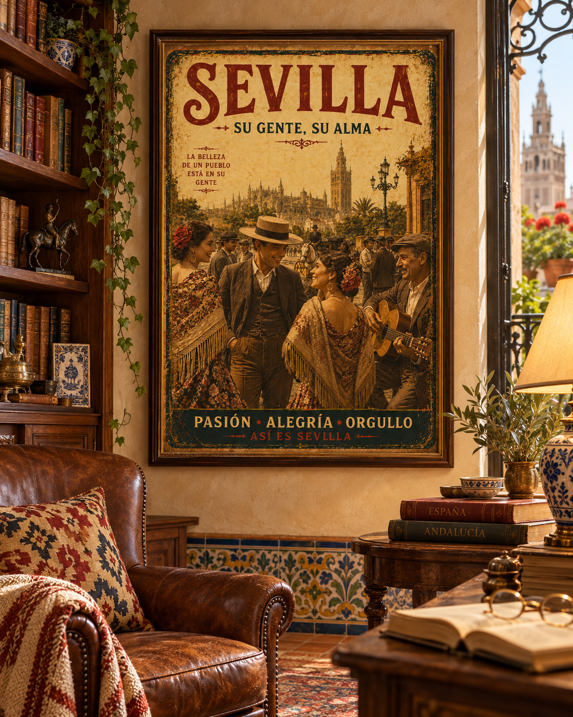 Cuadro cartel vintage de Sevilla en tonos dorados ambientado en interior andaluz, solo lienzo impreso sin bastidor