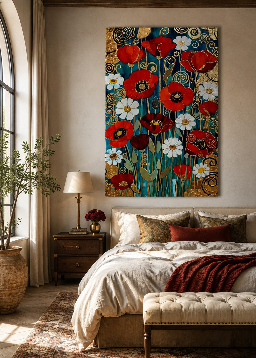 Lienzo floral elegante con flores rojas y fondo decorativo