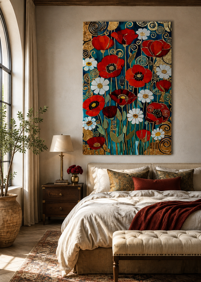 Lienzo floral elegante con flores rojas y fondo decorativo