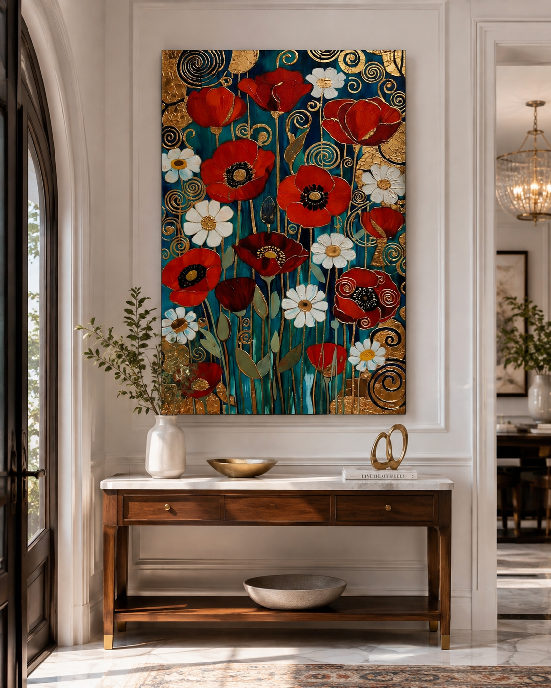 Arte floral decorativo con flores rojas y patrones dorados