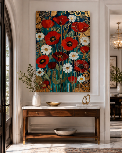 Arte floral decorativo con flores rojas y patrones dorados