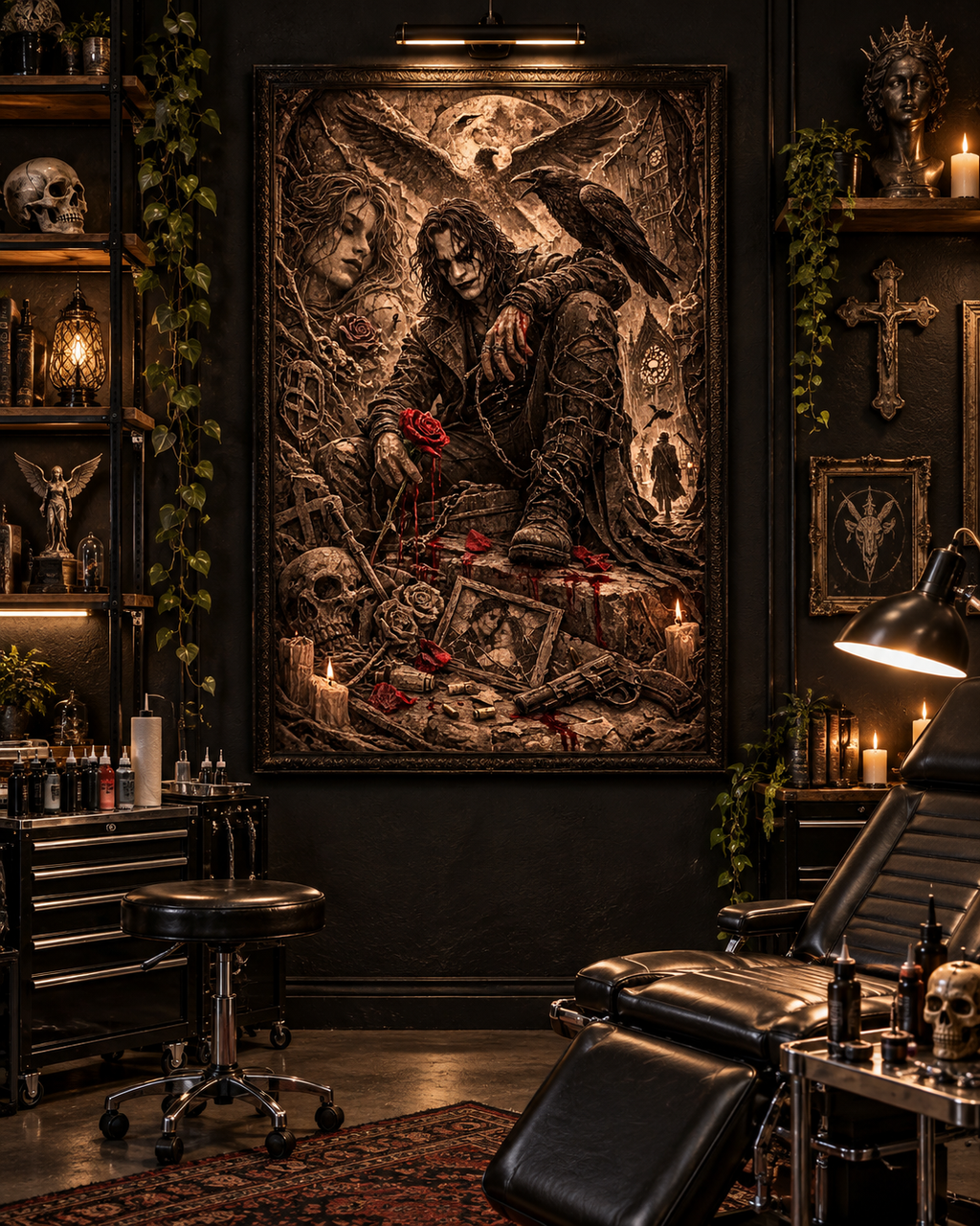 Lienzo El Cuervo con efecto relieve en un estudio de tatuaje de estilo gótico con camilla de cuero negra