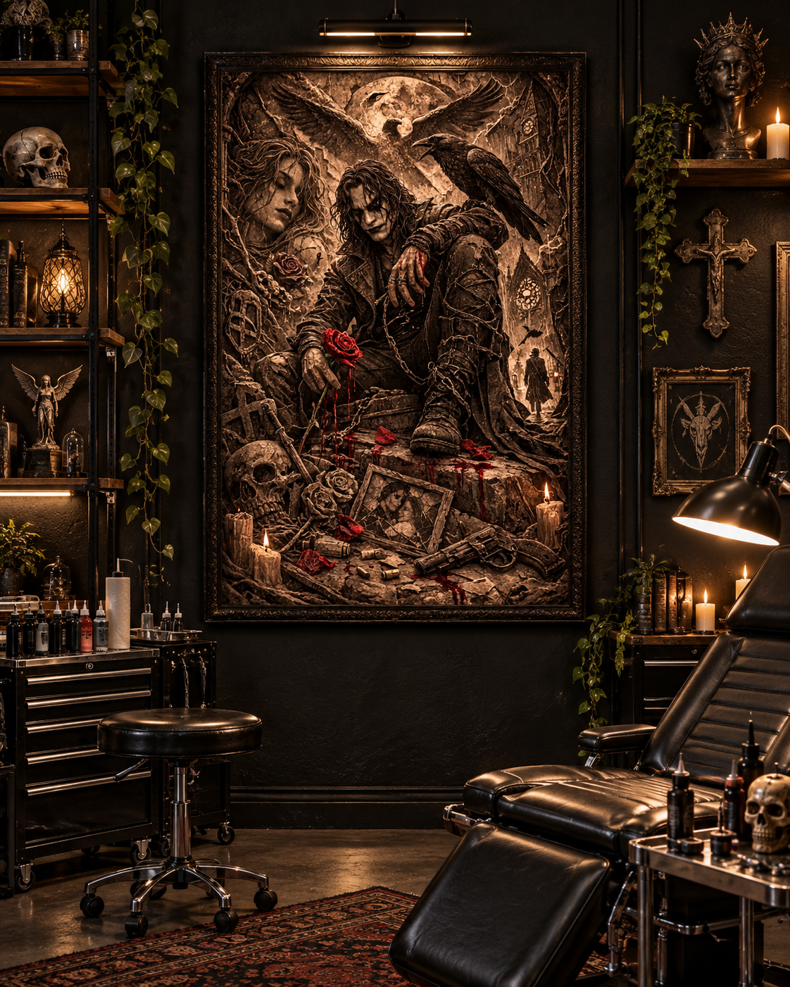 Lienzo El Cuervo con efecto relieve en un estudio de tatuaje de estilo gótico con camilla de cuero negra