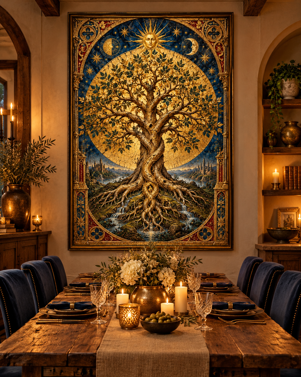 Cuadro del Árbol de la Vida sobre una mesa de comedor rústica con camino de mesa, velas y flores blancas
