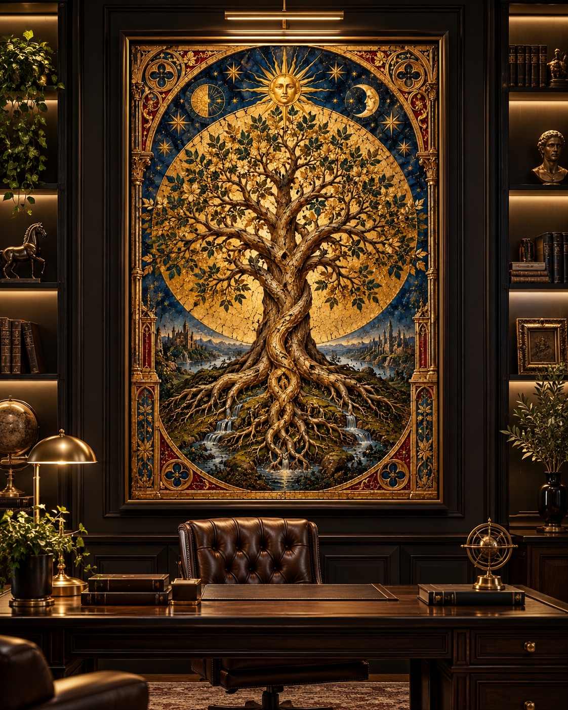 Cuadro del Árbol de la Vida en un despacho oscuro con escritorio de madera, sillón capitoné y lámpara