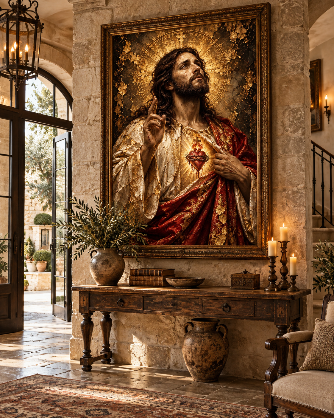 Jesucristo Sagrado Corazón | Lienzo Religioso con Pan de Oro