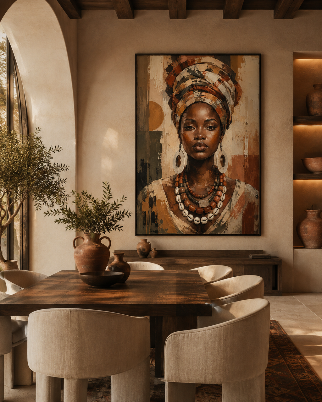 Retrato de Mujer Africana con Turbante y Collar de Cauris en Lienzo | Arte Étnico Contemporáneo