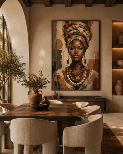 Arte de pared de mujer africana con turbante multicolor