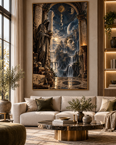 Cuadro místico El Guardián del Tiempo en un salón luminoso con sofá blanco y mesa de mármol con base dorada