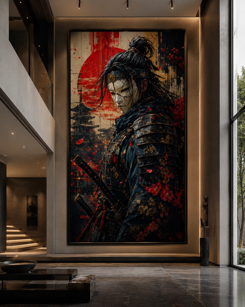 Samurái con Máscara Blanca y Sol Naciente en Lienzo | Arte Guerrero Japonés con Katana y Pagoda
