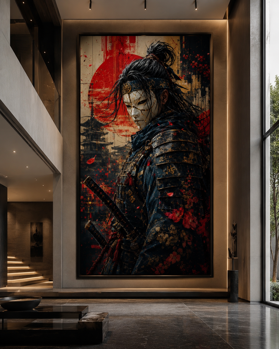 Samurái con Máscara Blanca y Sol Naciente en Lienzo | Arte Guerrero Japonés con Katana y Pagoda