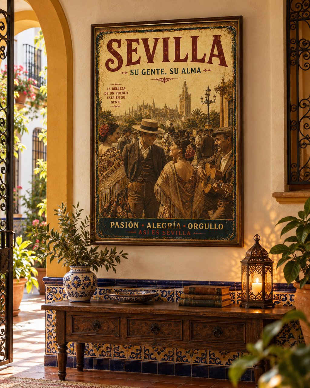 Cuadro vintage de Sevilla decorando un bar de tapas andaluz, solo lienzo impreso sin bastidor