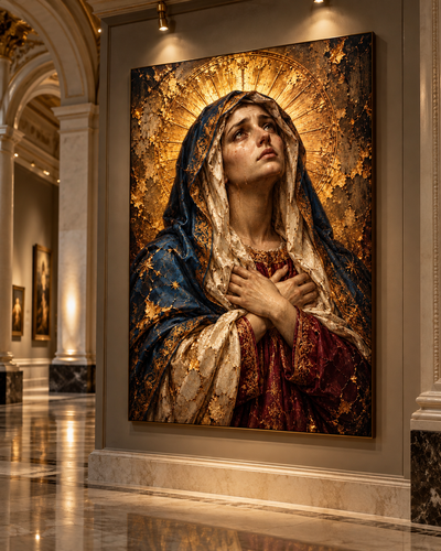 Lienzo de la Virgen María Dolorosa con halo dorado en el pasillo de mármol de un edificio clásico iluminado
