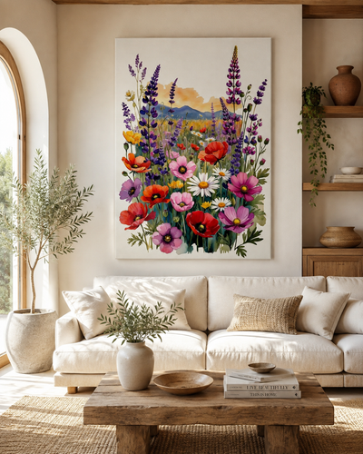 Arte floral cottagecore en tonos vivos y naturales