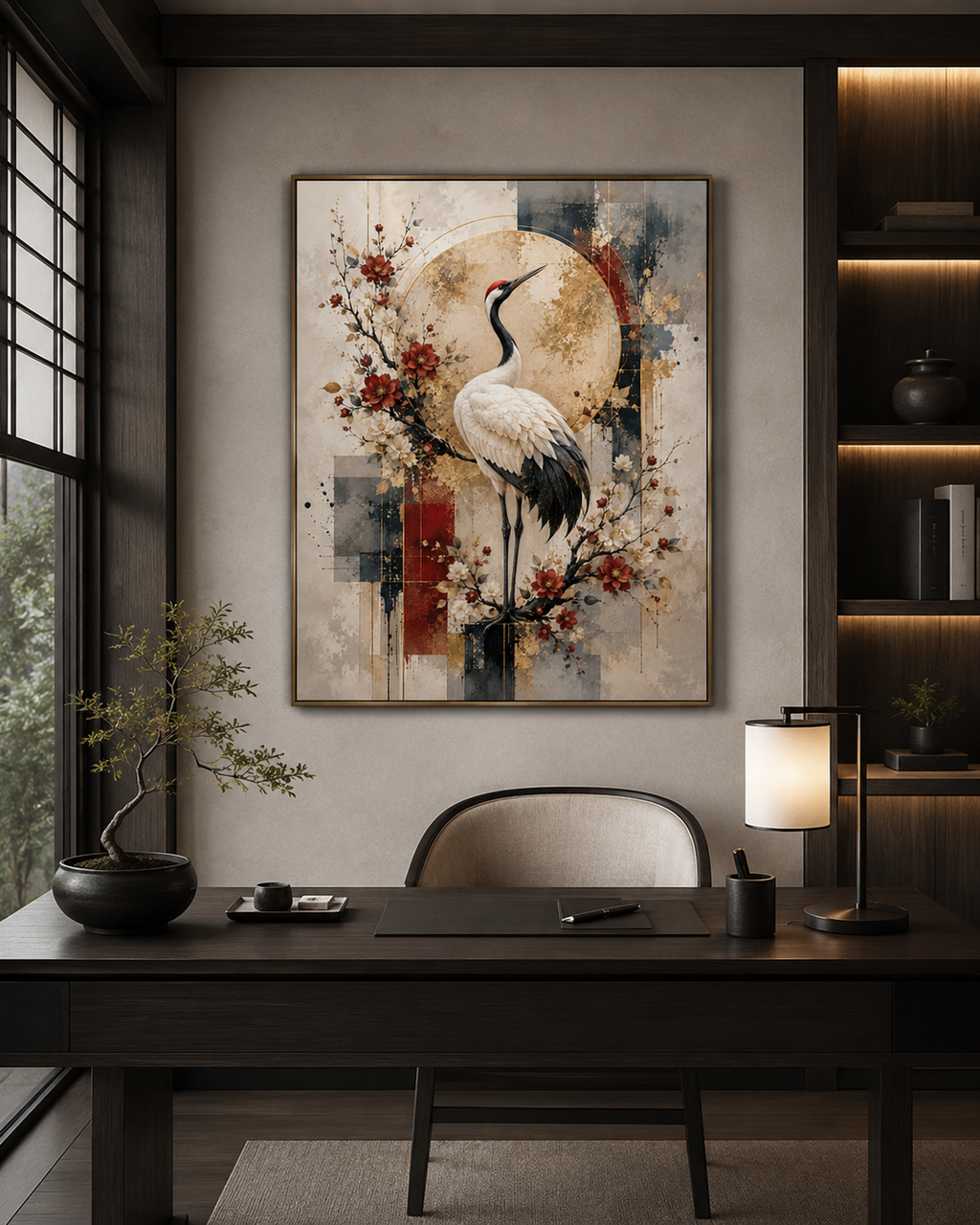 Lienzo de grulla japonesa en comedor de estilo oriental con lámpara de papel