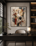 Lienzo de grulla japonesa en comedor de estilo oriental con lámpara de papel