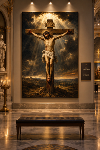 Lienzo de Jesucristo crucificado iluminado por focos en una sala de museo con candelabros y banco tapizado