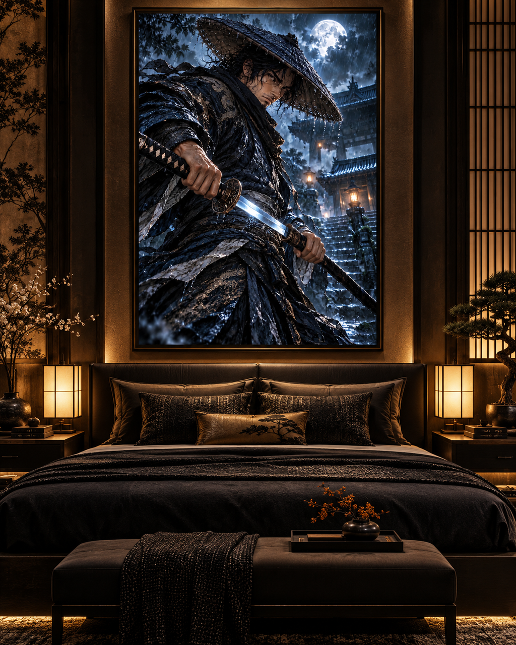 Lienzo Ronin bajo la Lluvia, samurái con katana impreso en algodón premium (vista 9 de 11)