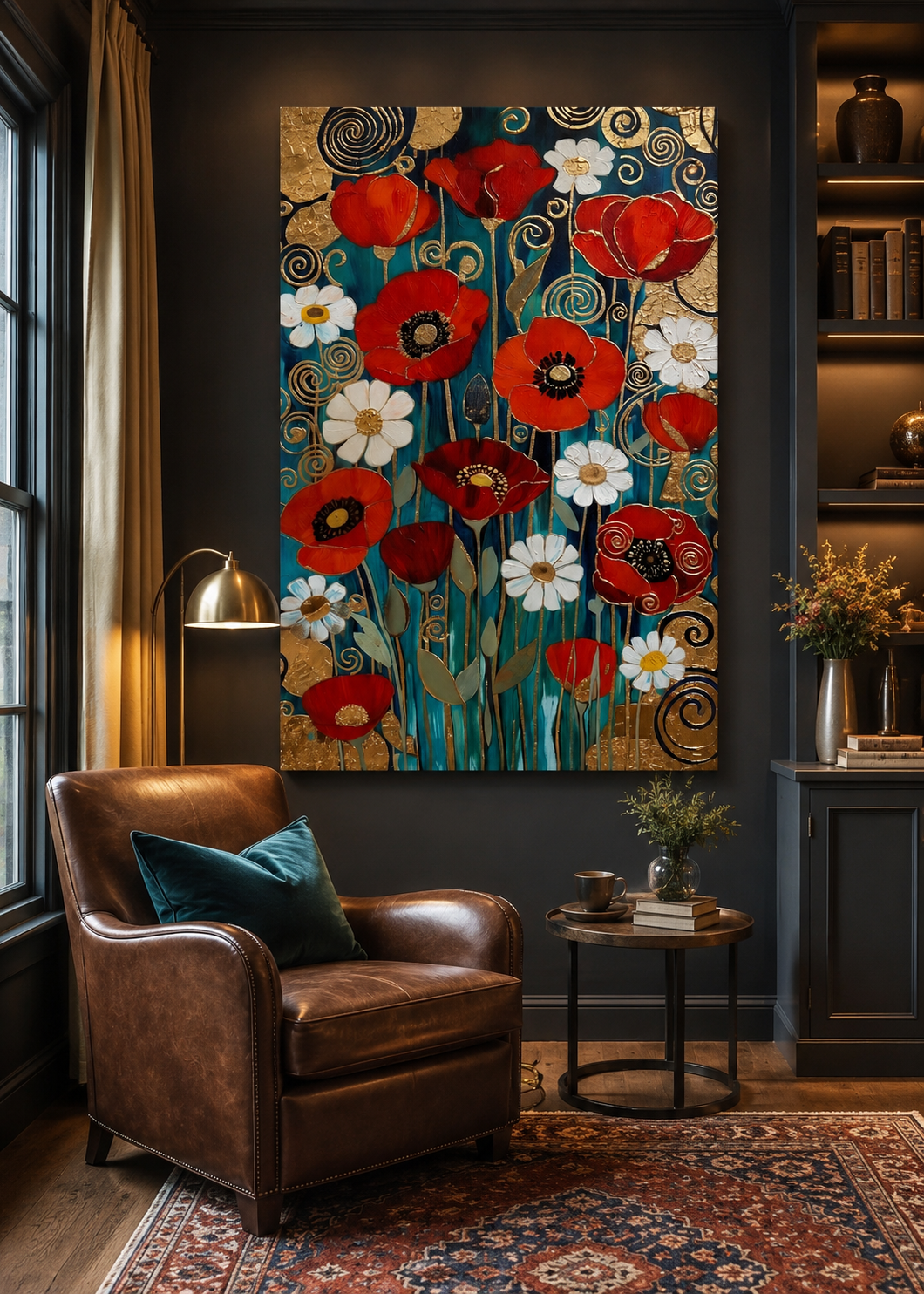 Arte floral de inspiración modernista con acentos dorados