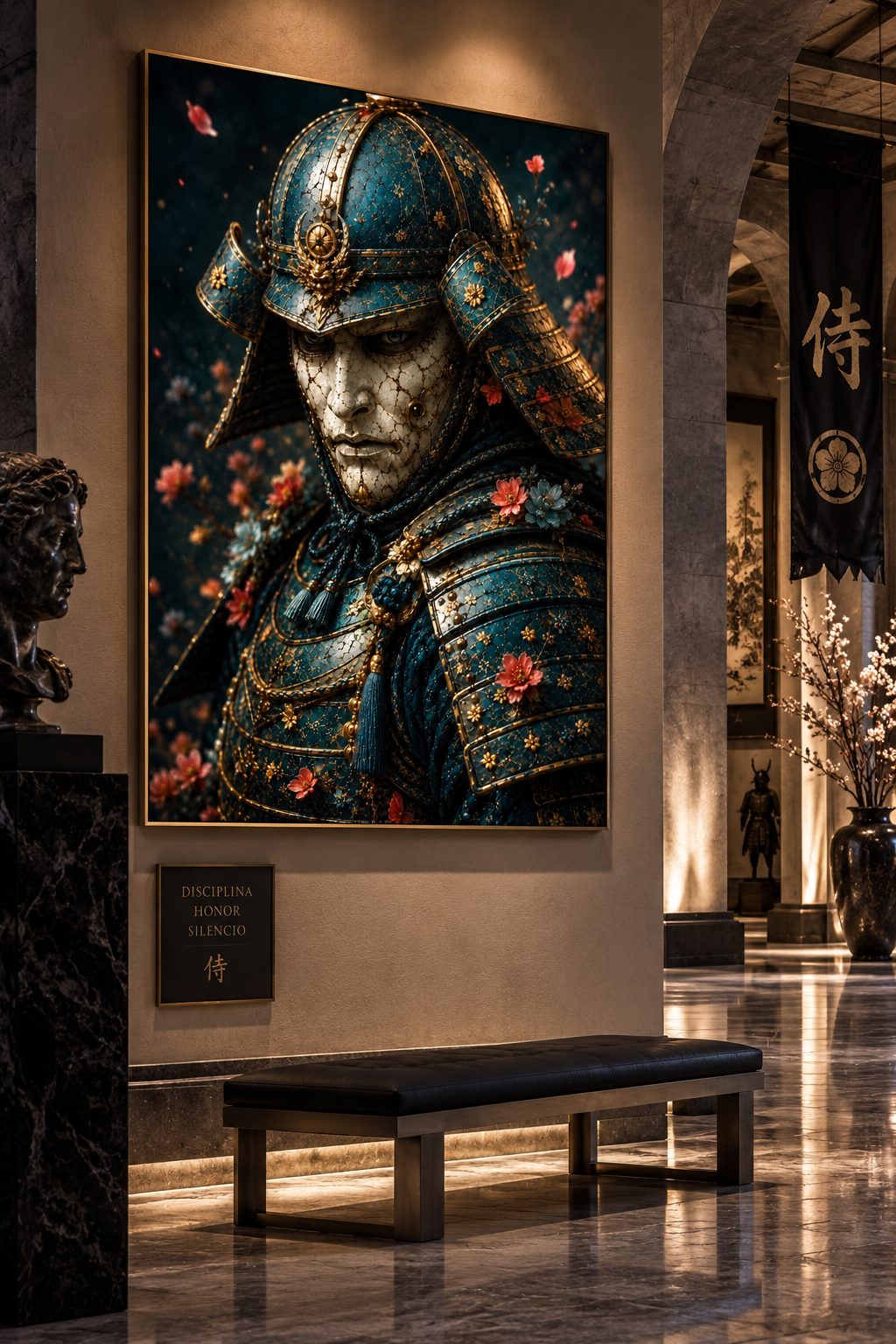 Blue and Gold Samurai with Cherry Blossoms | Japanese Canvas