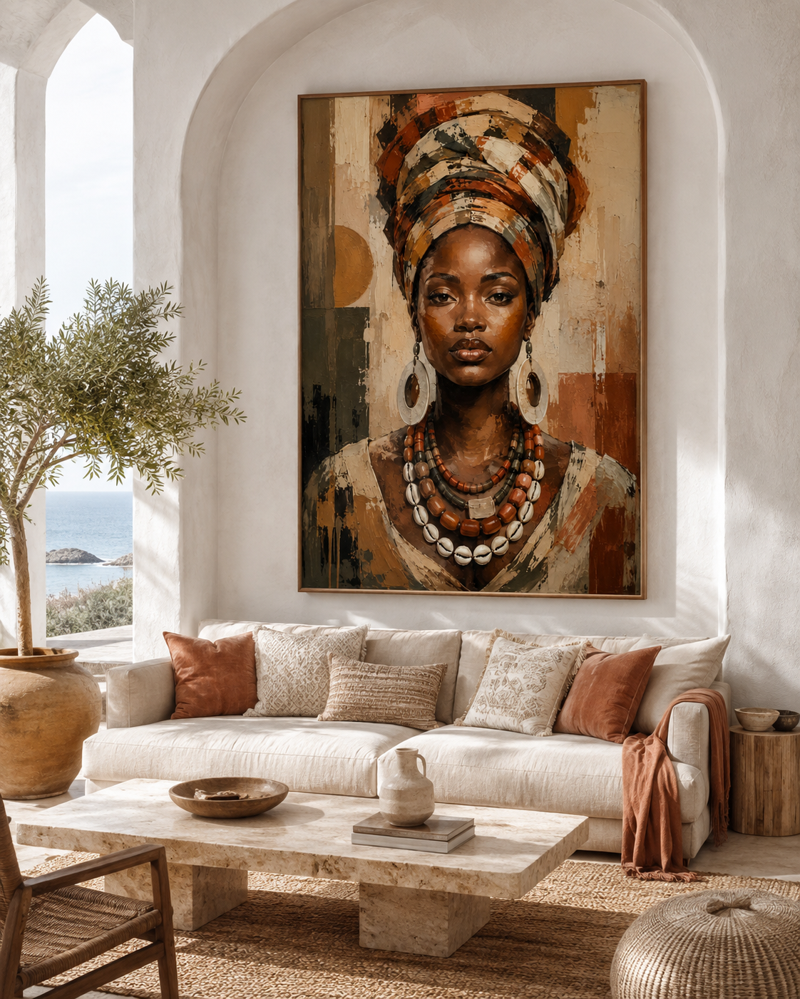 Retrato de Mujer Africana con Turbante y Collar de Cauris en Lienzo | Arte Étnico Contemporáneo