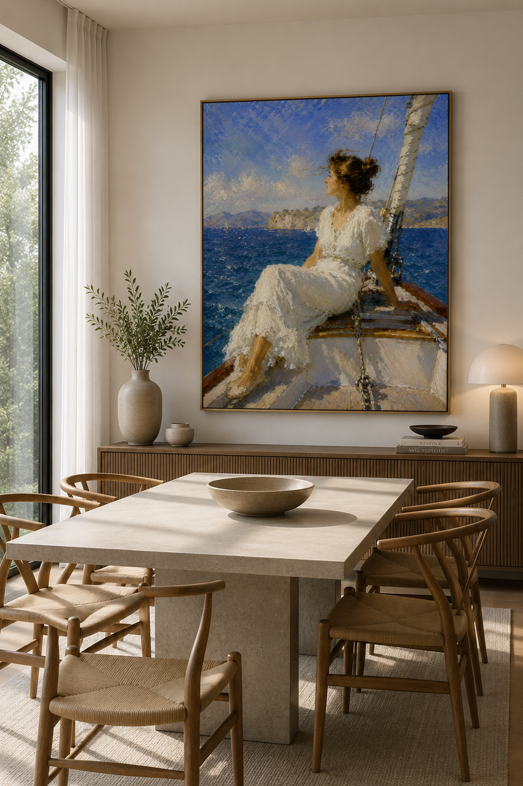 Lienzo impresionista de velero en un dormitorio