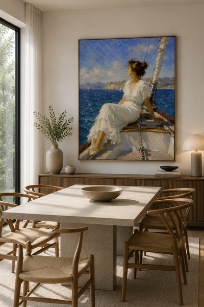 Lienzo impresionista de velero en un dormitorio