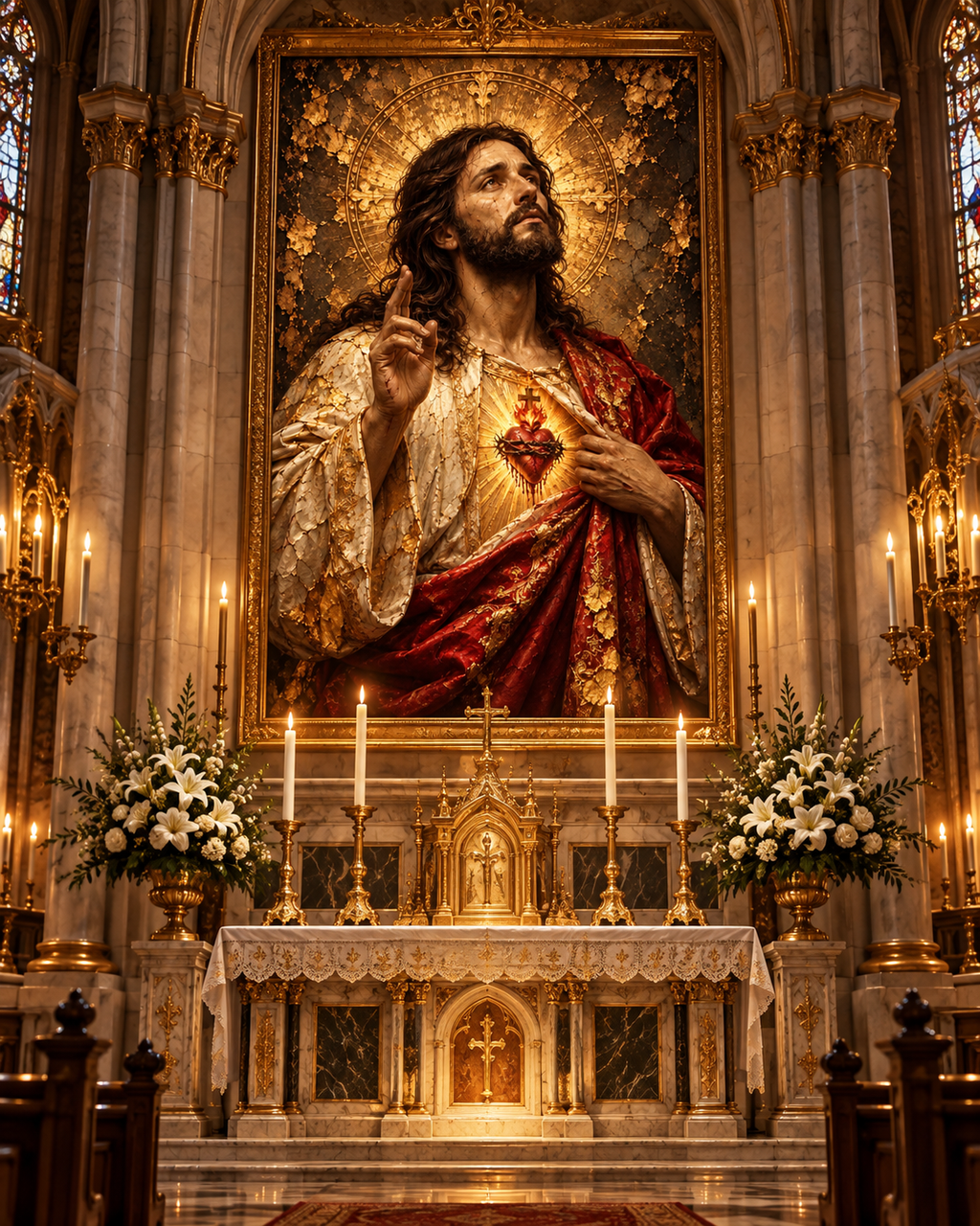 Jesucristo Sagrado Corazón | Lienzo Religioso con Pan de Oro