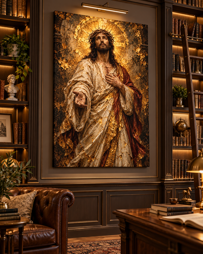 Cuadro de Cristo Redentor con corona de espinas y fondo dorado en una biblioteca con sillón de cuero y escritorio