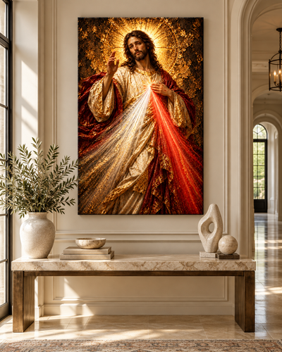 Lienzo de Jesús Misericordioso con rayos rojos y blancos sobre una consola de mármol con jarrón y olivo