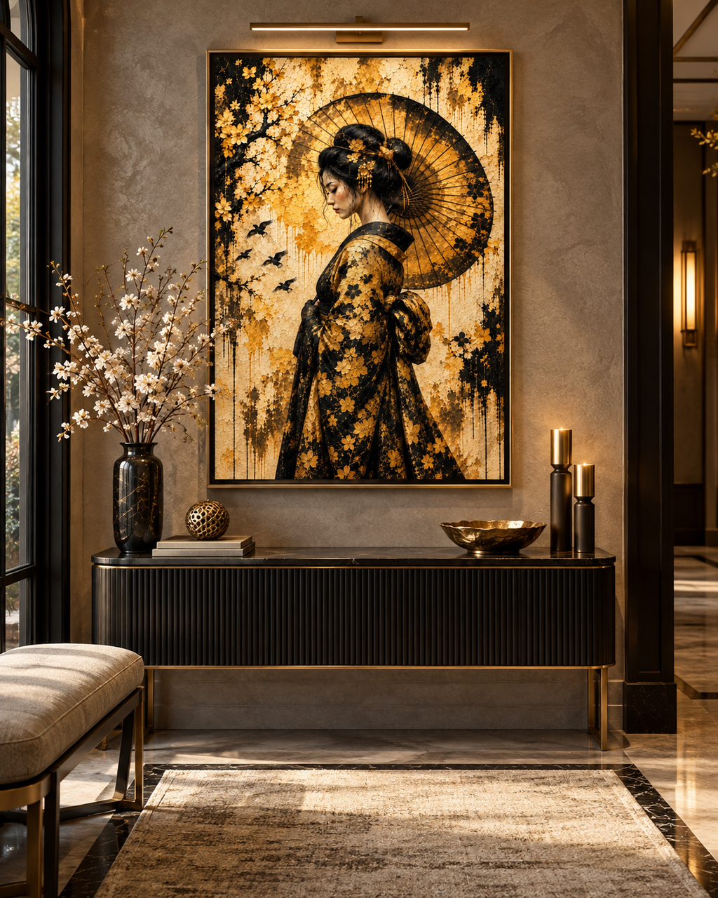 Lienzo de arte japonés con geisha y sombrilla, mostrado con marco sobre una consola negra en un recibidor iluminado