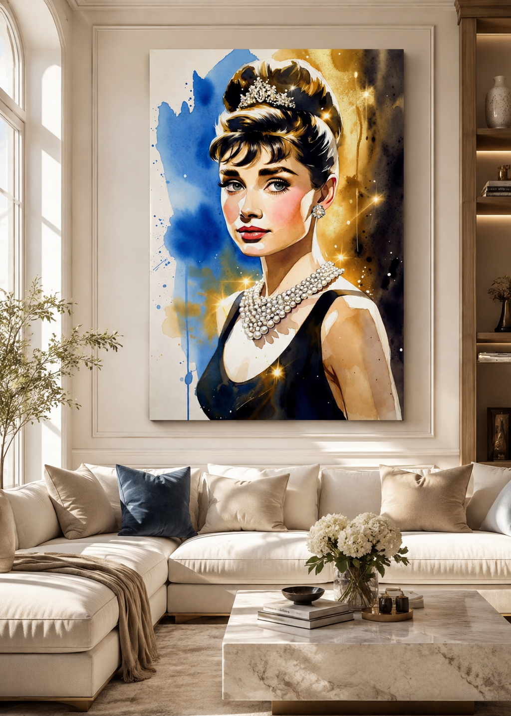 Retrato glamour de Audrey Hepburn impreso sobre lienzo