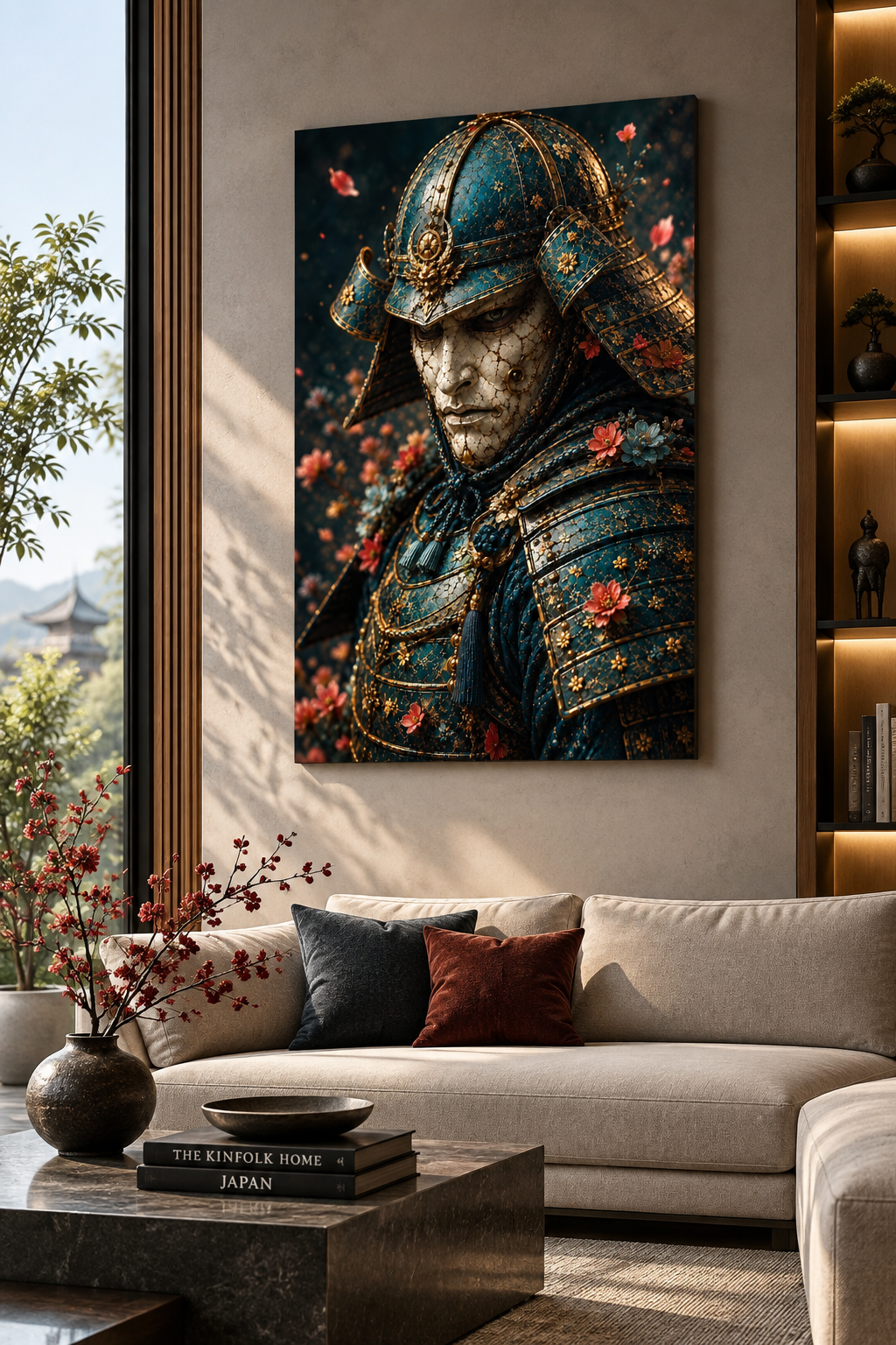 Blue and Gold Samurai with Cherry Blossoms | Japanese Canvas