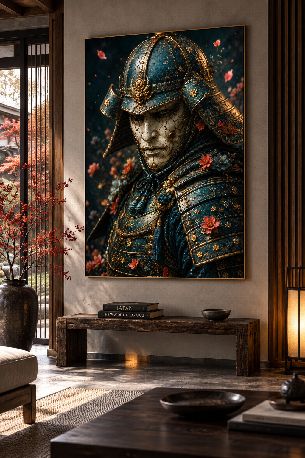 Blue and Gold Samurai with Cherry Blossoms | Japanese Canvas