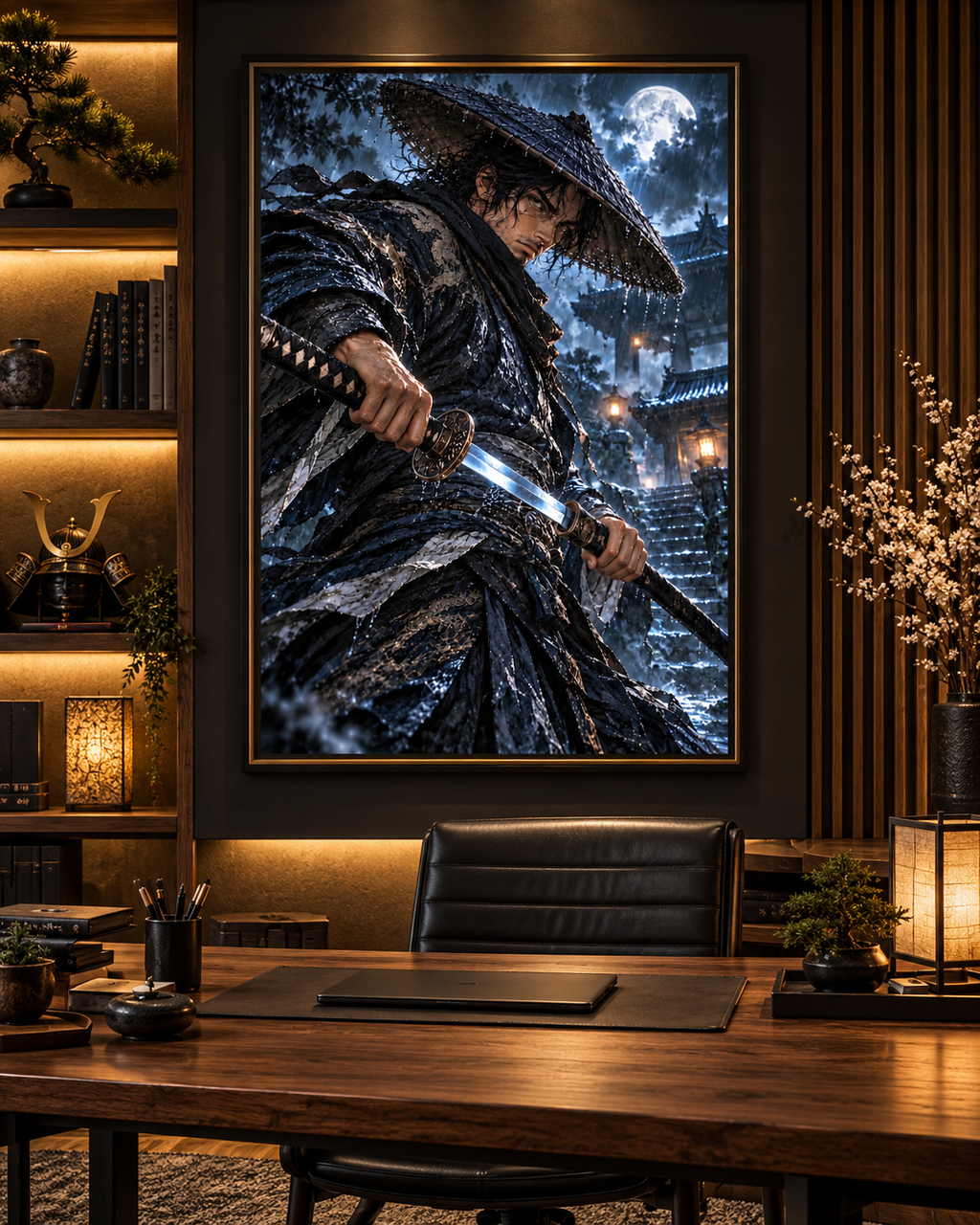 Lienzo Ronin bajo la Lluvia, samurái con katana impreso en algodón premium (vista 6 de 11)