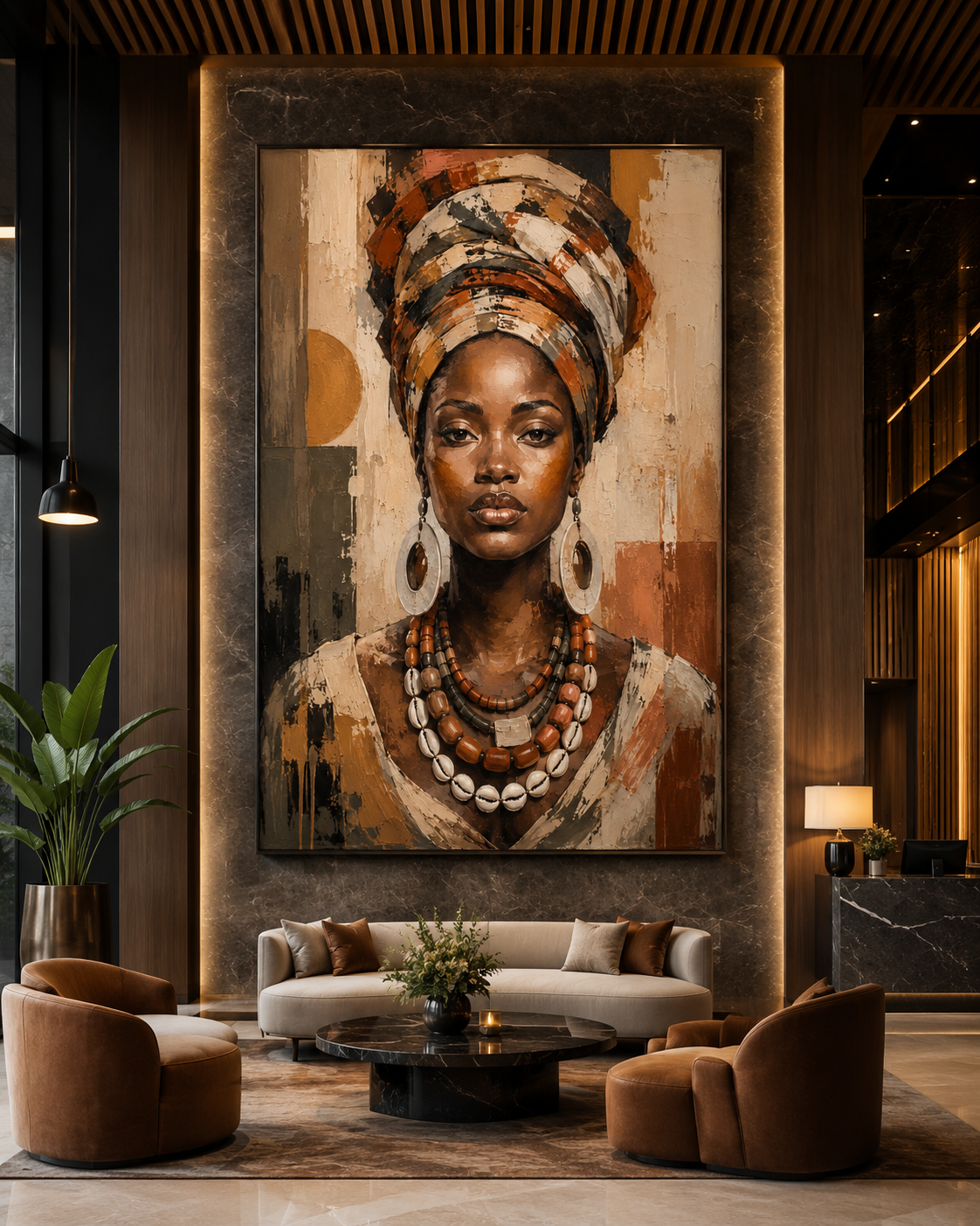 Retrato de Mujer Africana con Turbante y Collar de Cauris en Lienzo | Arte Étnico Contemporáneo