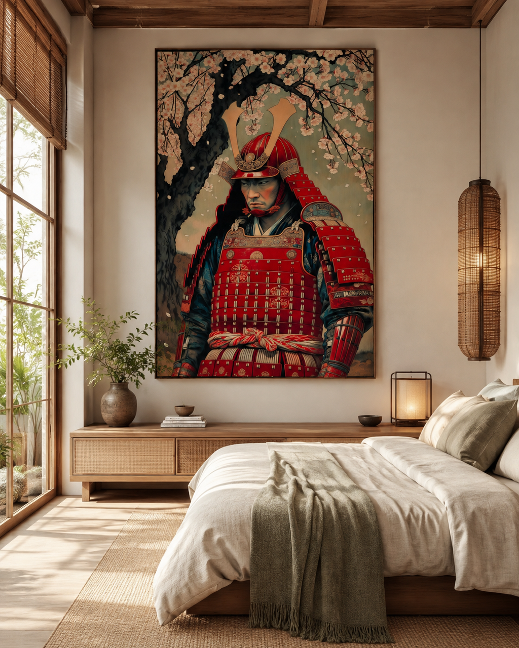 Arte de pared de samurái bajo el cerezo en flor
