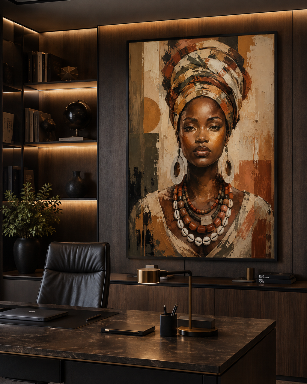 Retrato de Mujer Africana con Turbante y Collar de Cauris en Lienzo | Arte Étnico Contemporáneo