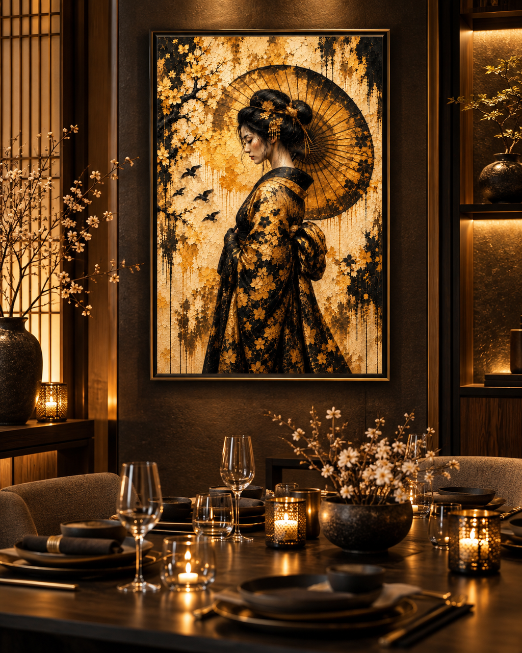 Cuadro de geisha entre flores de cerezo en dorado y negro sobre un comedor elegante con velas, copas y ramas en flor