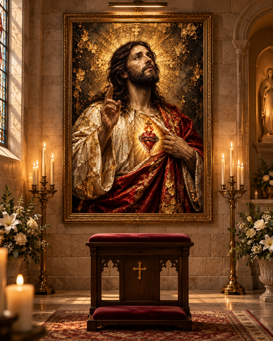 Jesucristo Sagrado Corazón | Lienzo Religioso con Pan de Oro