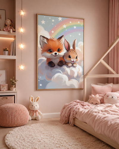 Zorrito y Conejito con Arcoíris | Lienzo Infantil