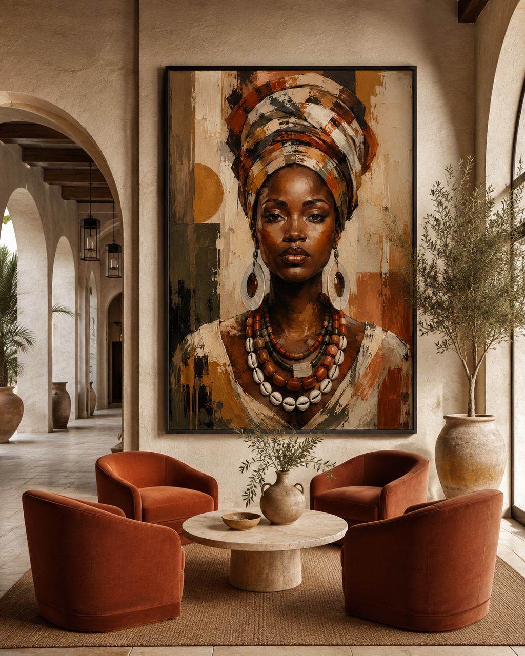 Retrato de Mujer Africana con Turbante y Collar de Cauris en Lienzo | Arte Étnico Contemporáneo