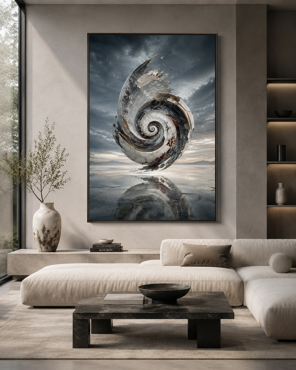 Lienzo abstracto de espiral en despacho ejecutivo con mesa de mármol