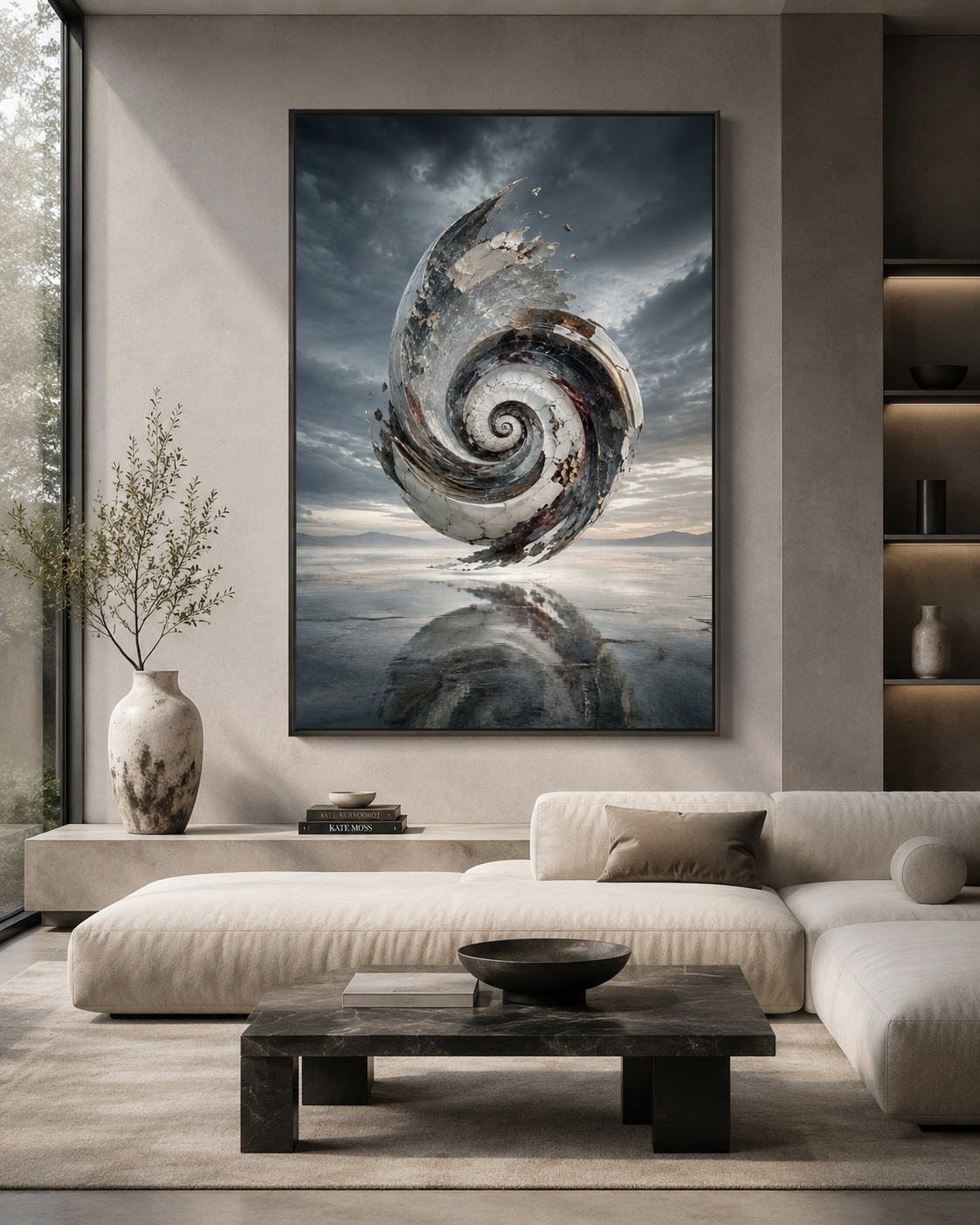 Lienzo abstracto de espiral en despacho ejecutivo con mesa de mármol