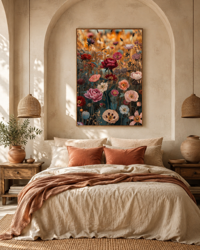 Lienzo floral de amapolas y peonías en tonos cálidos