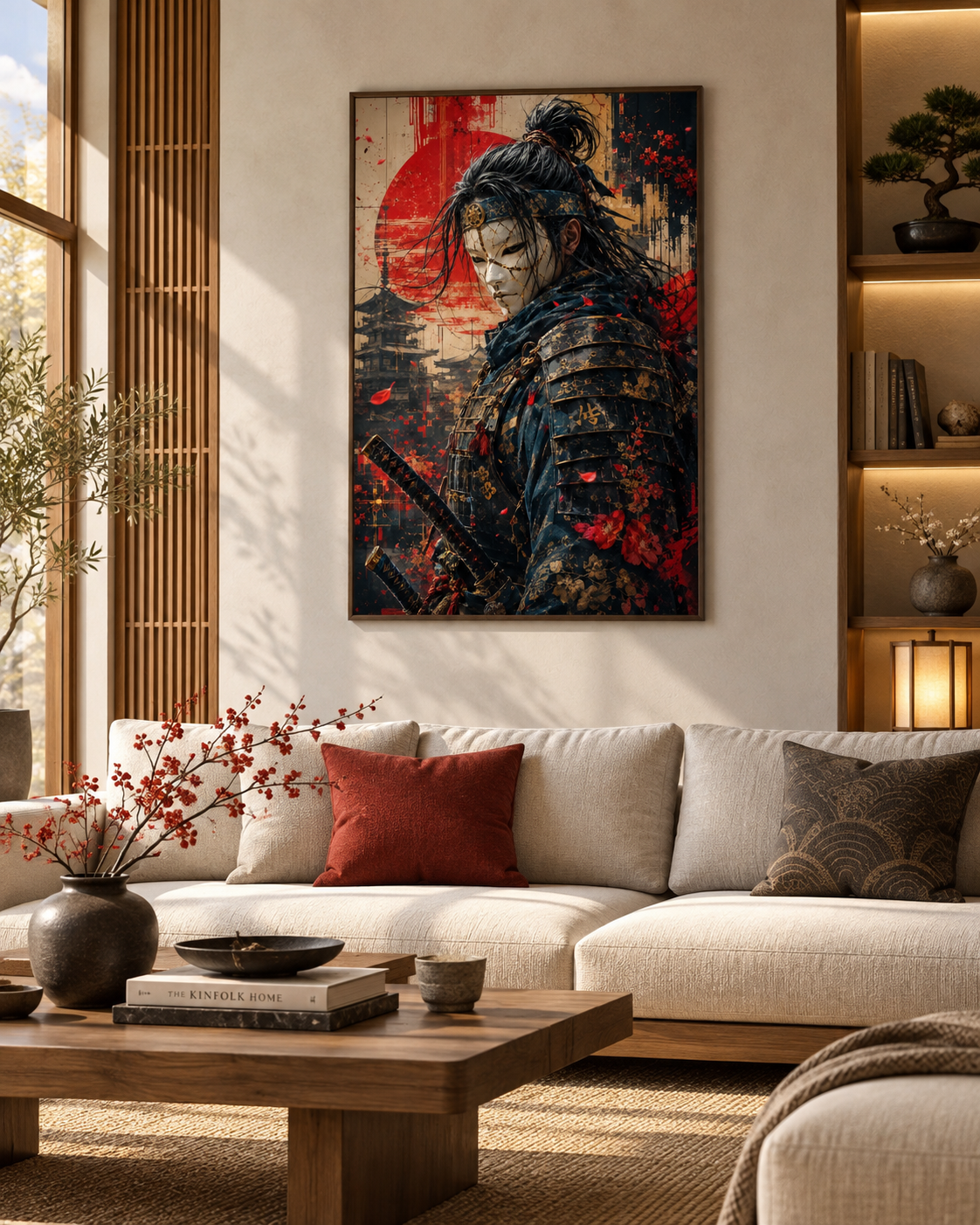Lienzo de samurái con máscara blanca y sol rojo en un salón japonés luminoso con sofá crema y cojín granate