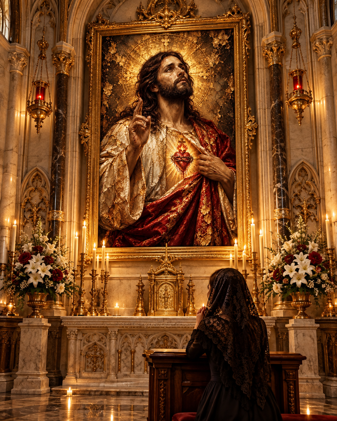 Jesucristo Sagrado Corazón | Lienzo Religioso con Pan de Oro