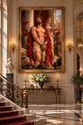 Lienzo del Ecce Homo: Jesucristo coronado de espinas ante Pilato, mostrado con marco en un vestíbulo con escalera